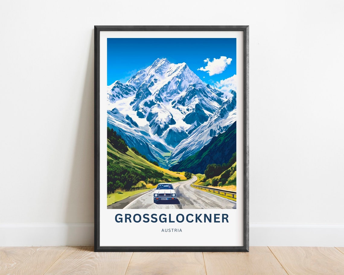 Grossglockner Austria Snowy Peak Alpine Road Vintage Car Poster
