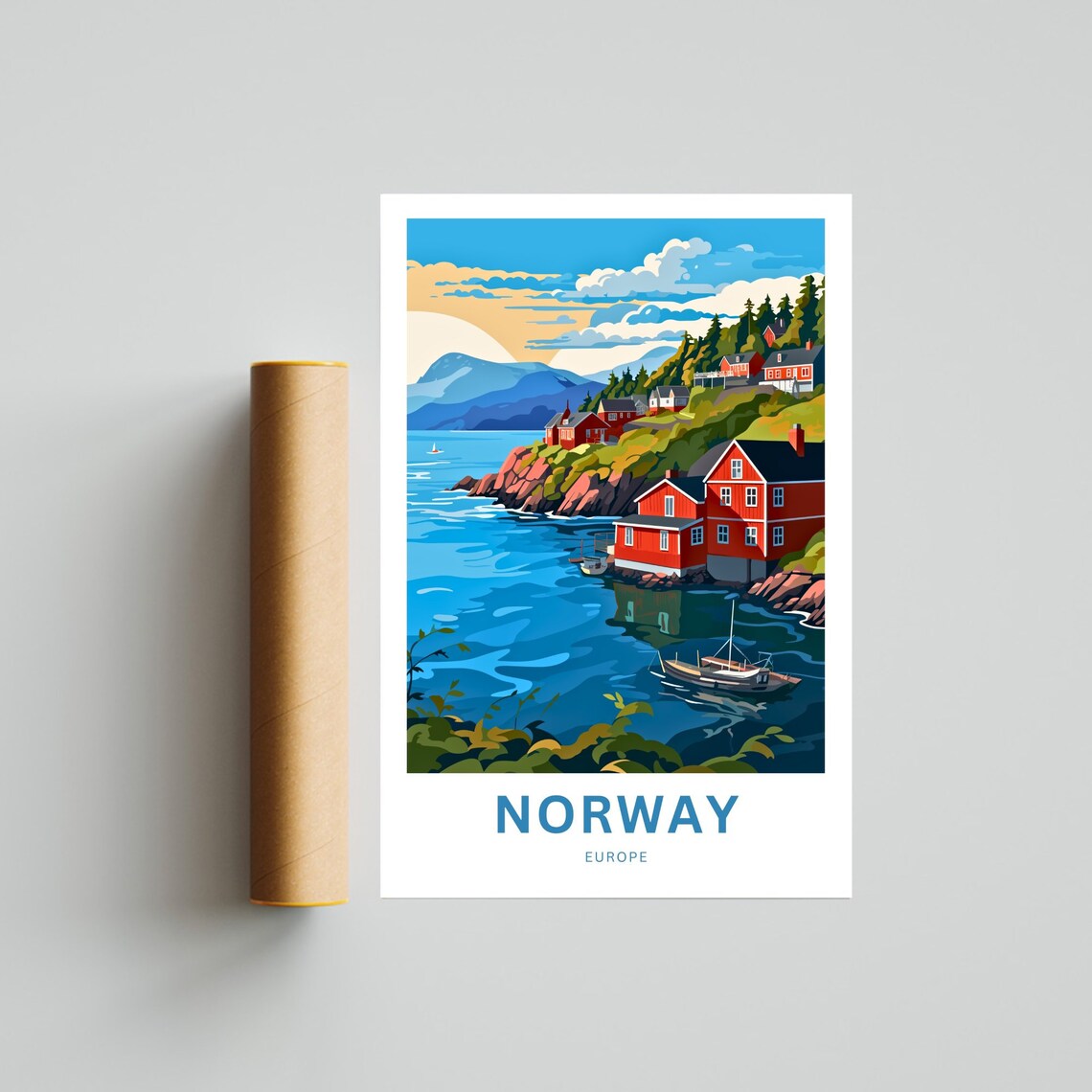 Personalized Norway Travel Poster Coastal Village Fjord Sunset Scene - Image 4