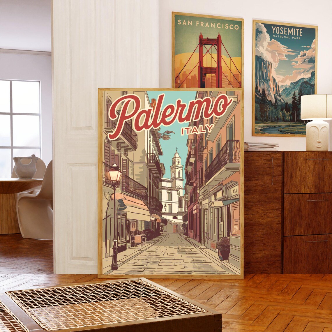 Palermo Italy Cobblestone Old Town Street Retro Travel Scene Poster - Image 5