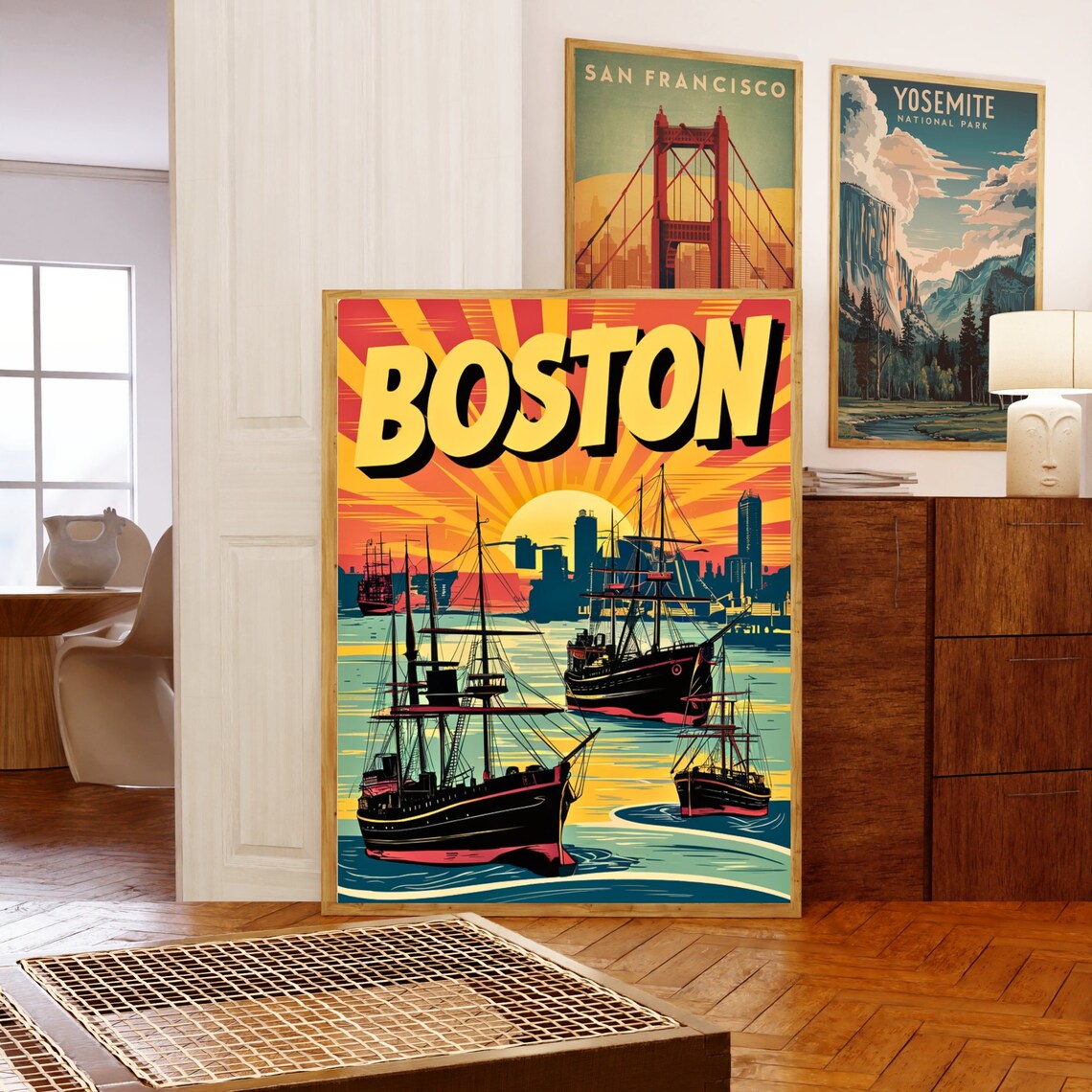 Boston Retro Sunset Tall Ships Harbor Skyline Vintage Travel Poster - Image 5