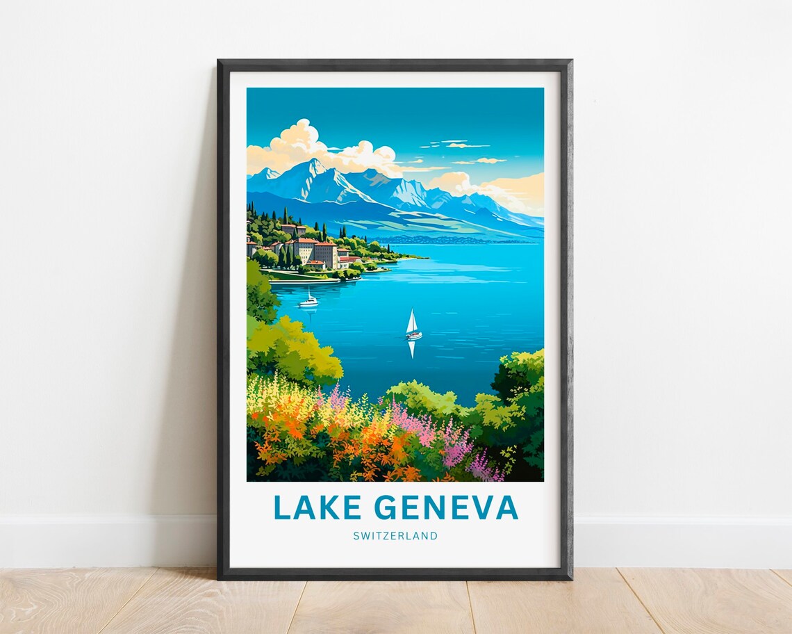 Lake Geneva Switzerland Sailboats Mountain Lake Travel Poster
