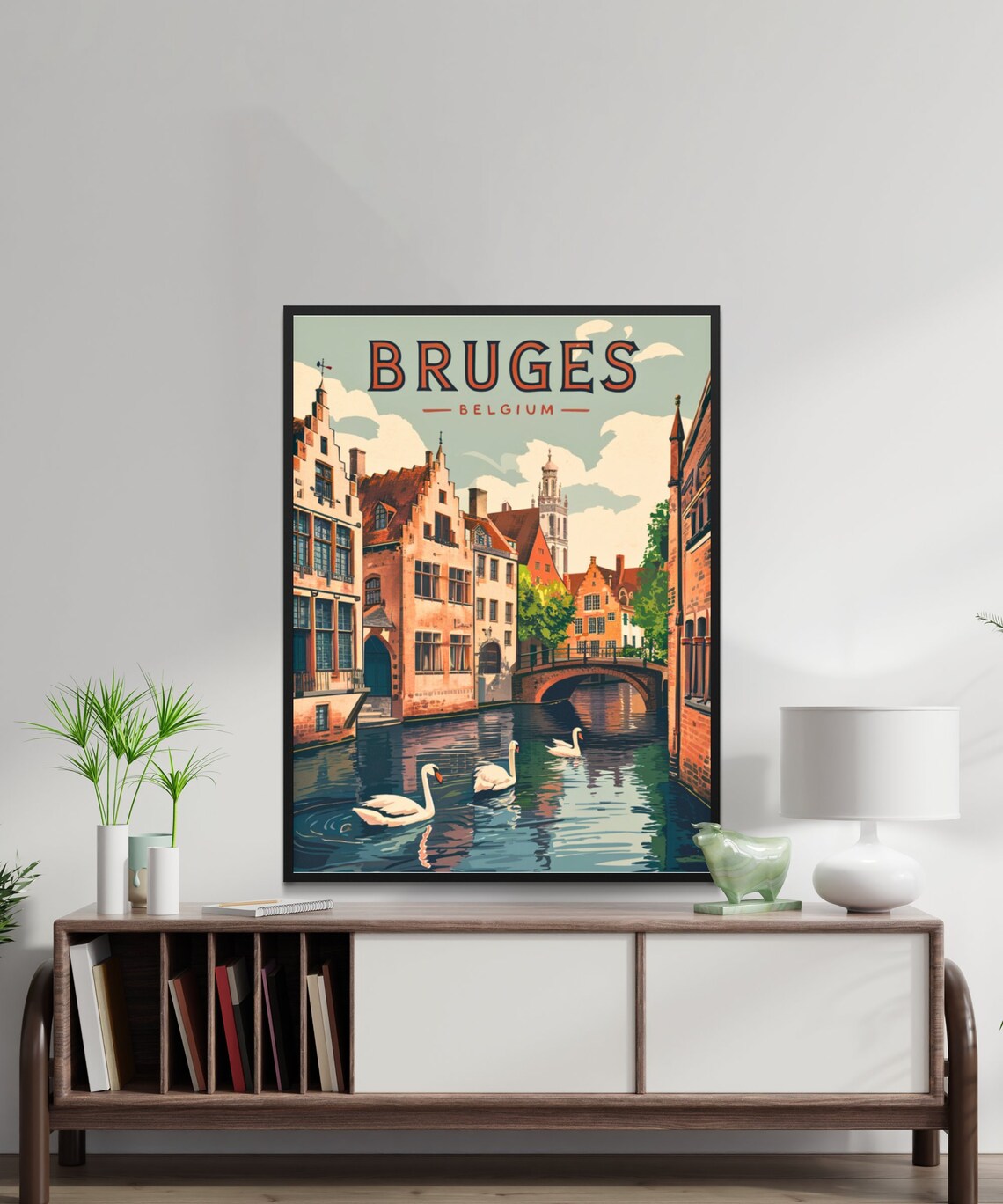 Bruges Belgium Canal Swans Historic Bridge Vintage Travel Poster - Image 3