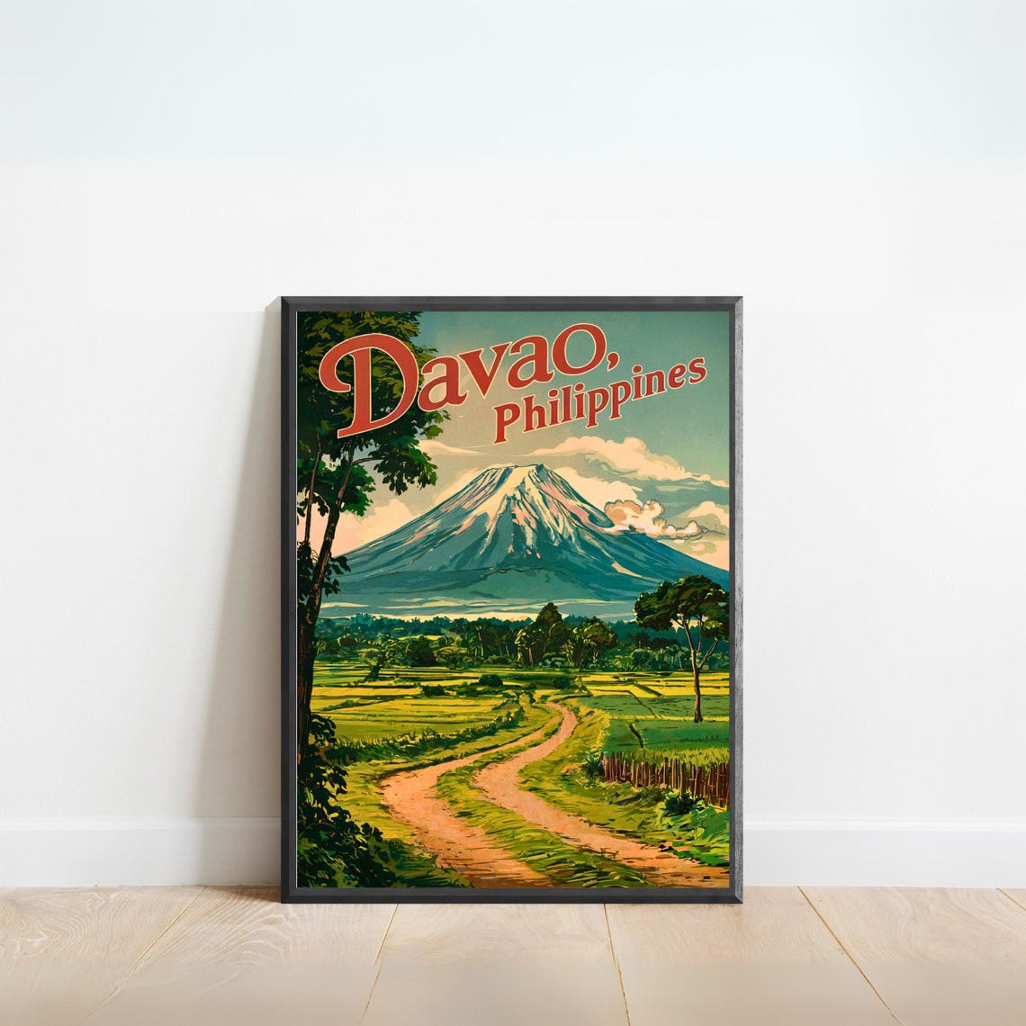 Davao Philippines Vintage Script Volcano Countryside Road Poster