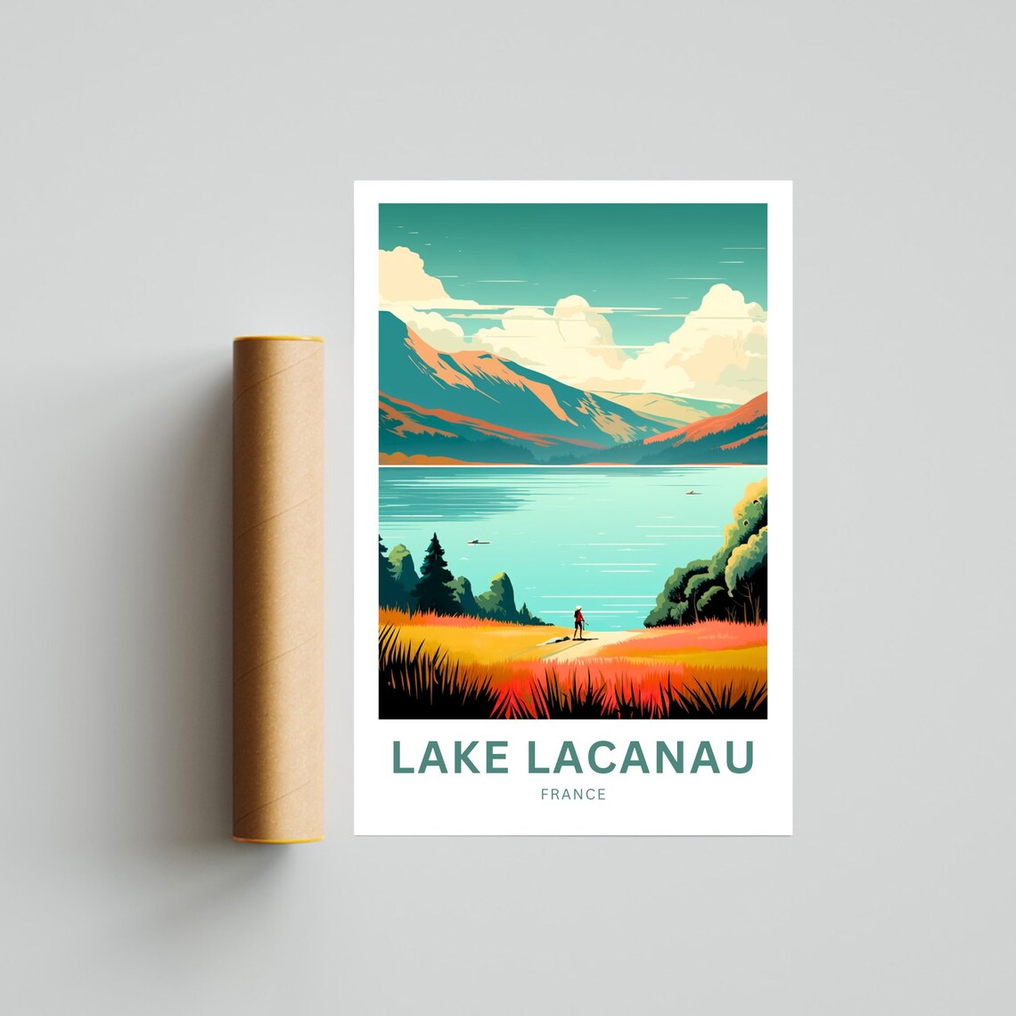 Lake Lacanau France Bold Orange Hills Teal Water Custom Poster - Image 4