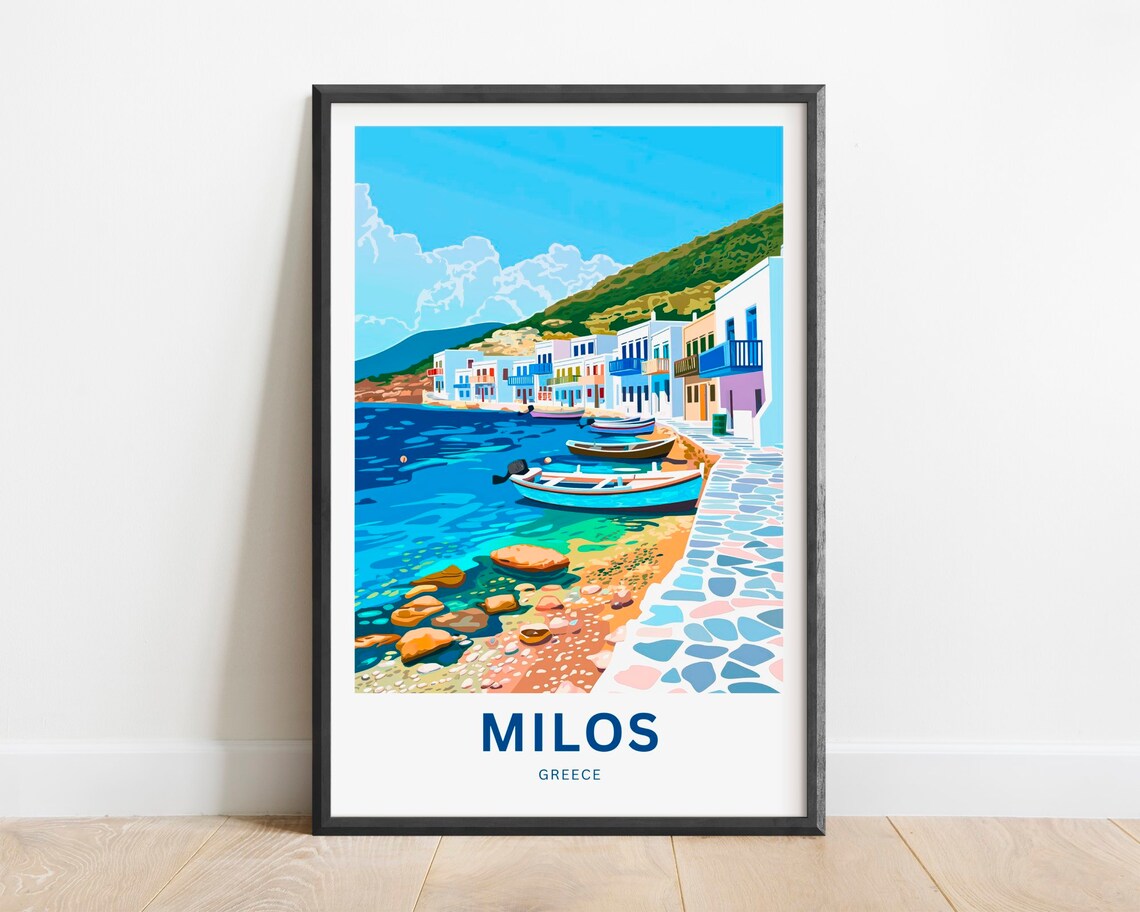 Milos Greece Colorful Waterfront Houses Stone Path Boats Travel Poster
