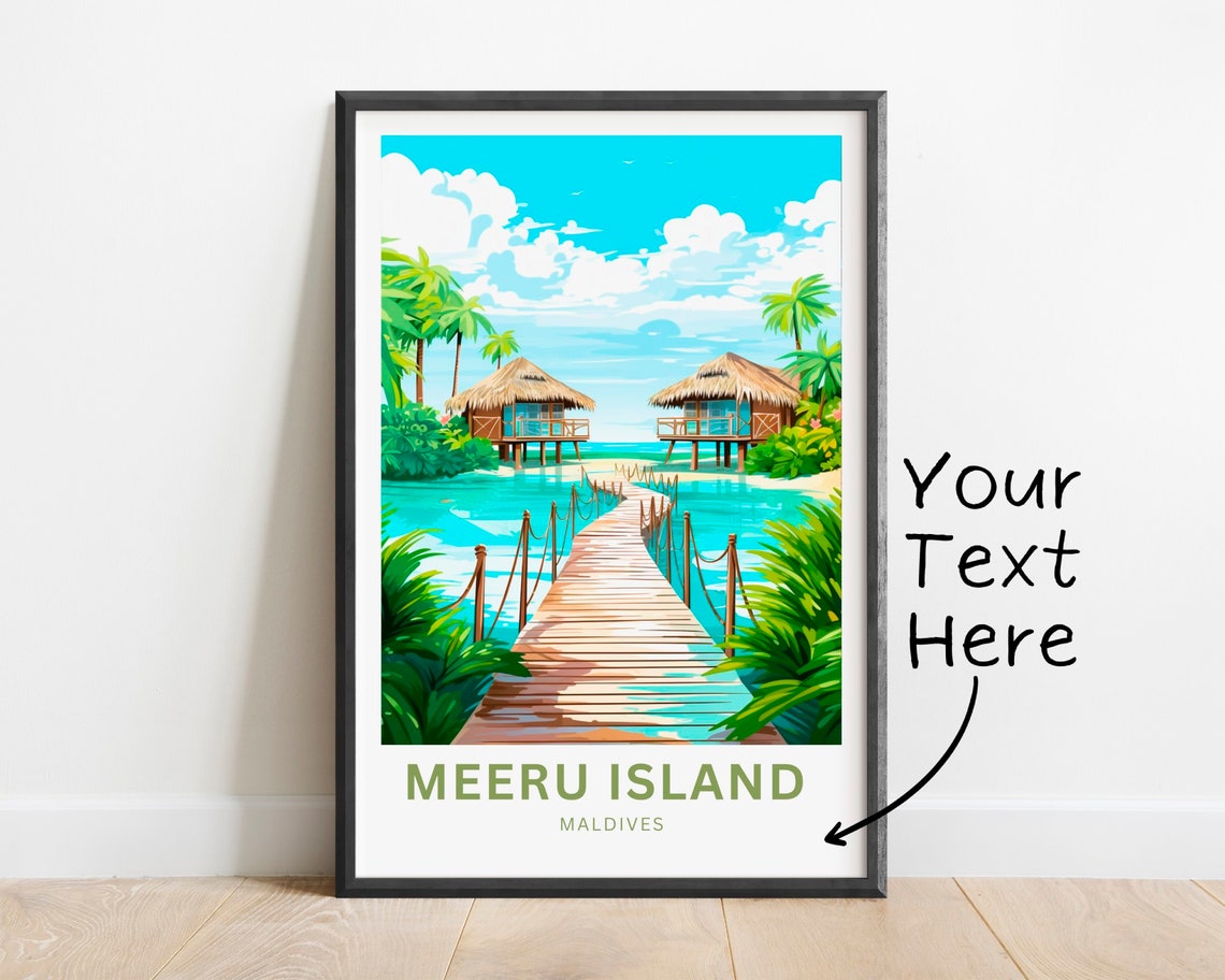 Meeru Island Maldives Jetty Bungalows Custom Text Travel Poster