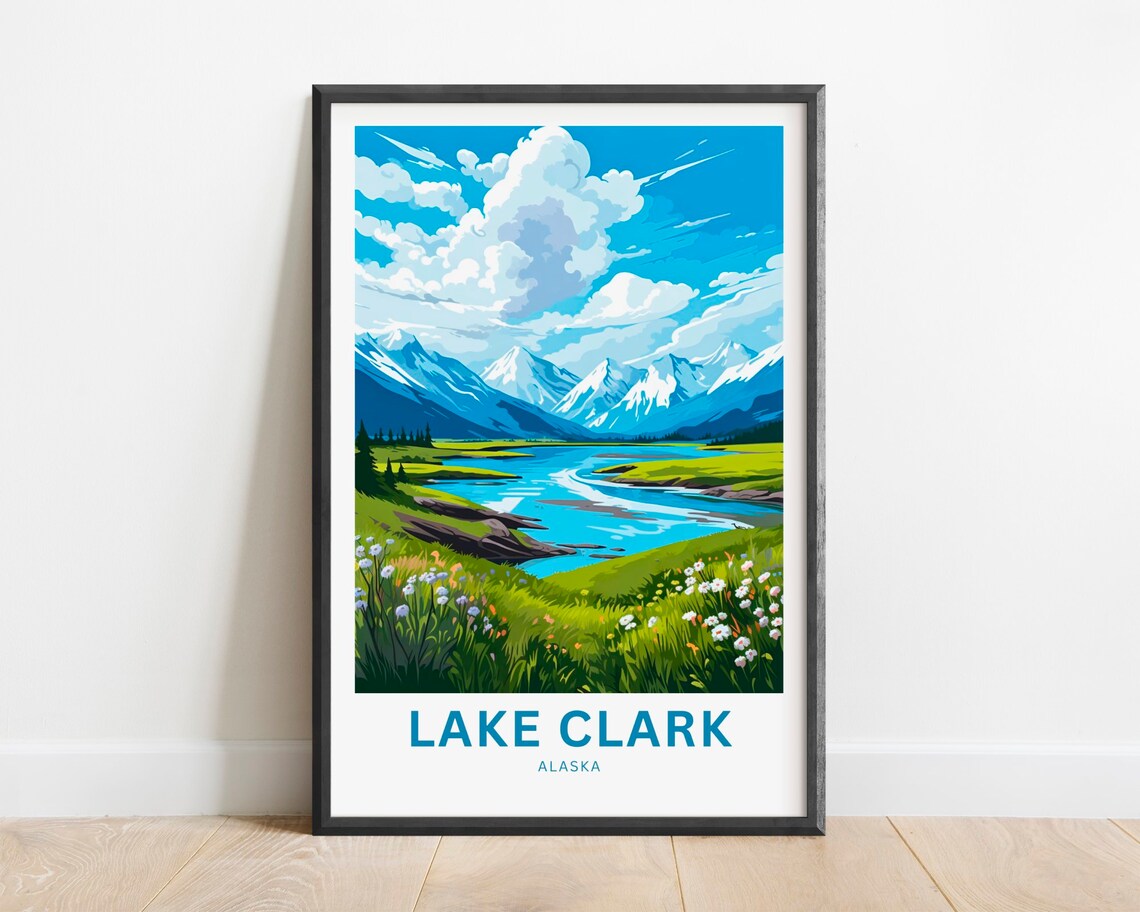 Lake Clark Alaska River Valley Wildflowers Snow Peaks Travel Poster