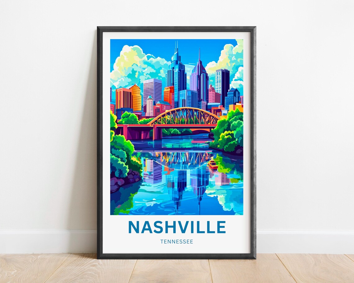 Nashville Tennessee Downtown Skyline River Bridge Travel Poster - Image 2