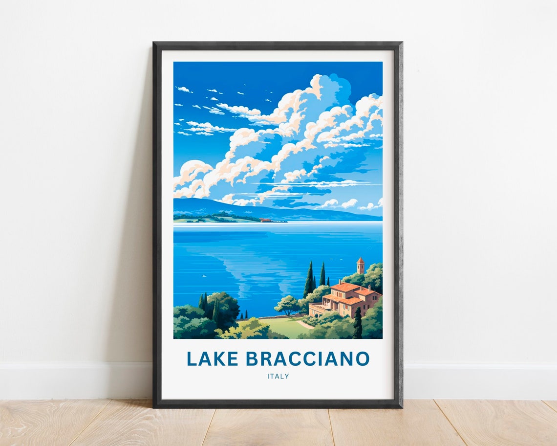 Lake Bracciano Villa View Blue Lake Clouds Italy Travel Poster