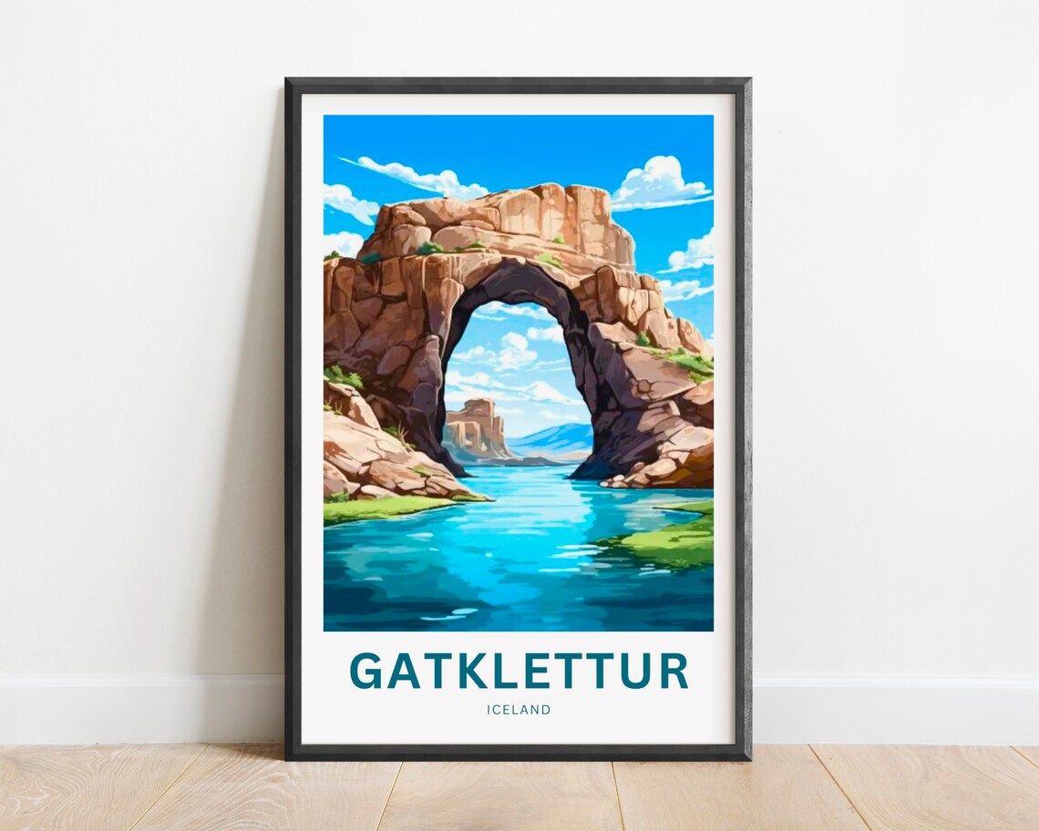 Gatklettur Iceland Red Rock Natural Arch Lagoon Travel Poster