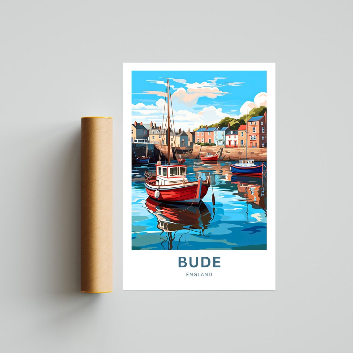 Bude England Harbor Red Fishing Boat Quayside Scene Travel Poster - Image 4