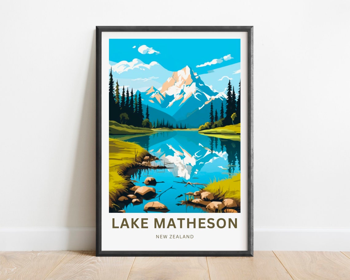 Lake Matheson New Zealand Mountain Reflection Calm Travel Poster