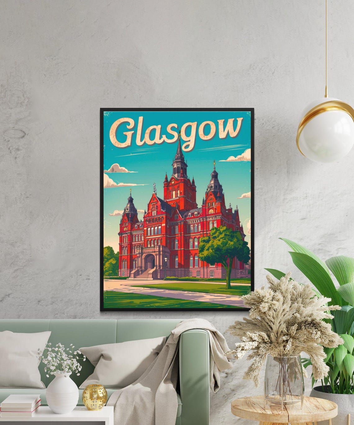 Glasgow Scotland Red Sandstone Landmark Vintage Script Travel Poster - Image 2