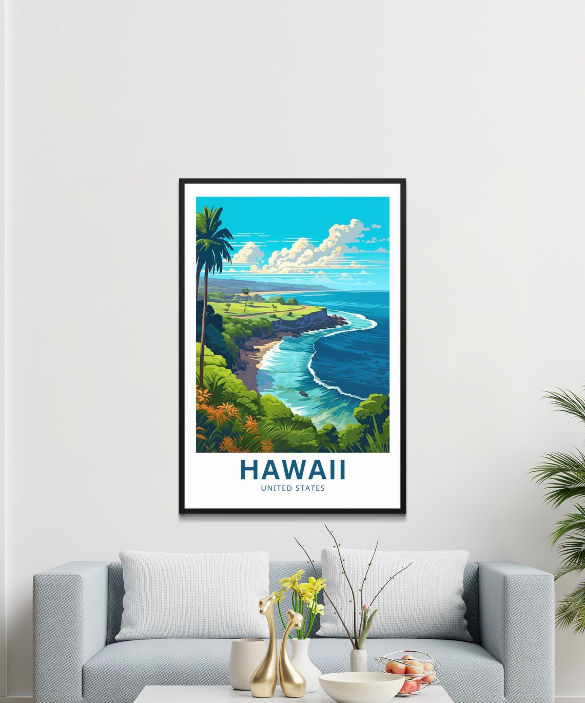 Hawaii Tropical Coastline Palms Surf Beach Travel Poster Gift - Image 3