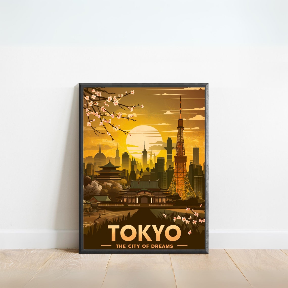 Tokyo Japan City of Dreams Tower Temple Sunset Vintage Poster
