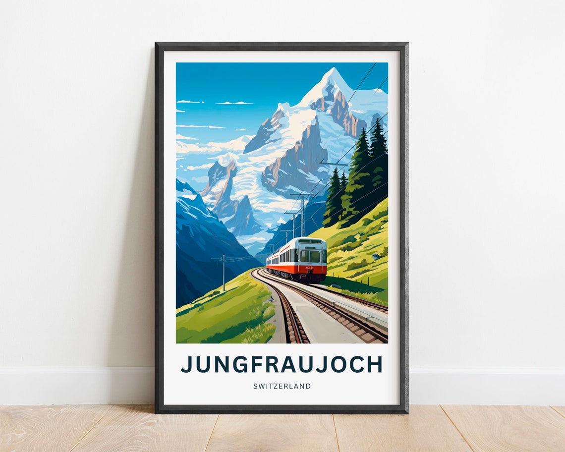 Jungfraujoch Switzerland Red Alpine Train Snowy Mountain Travel Poster
