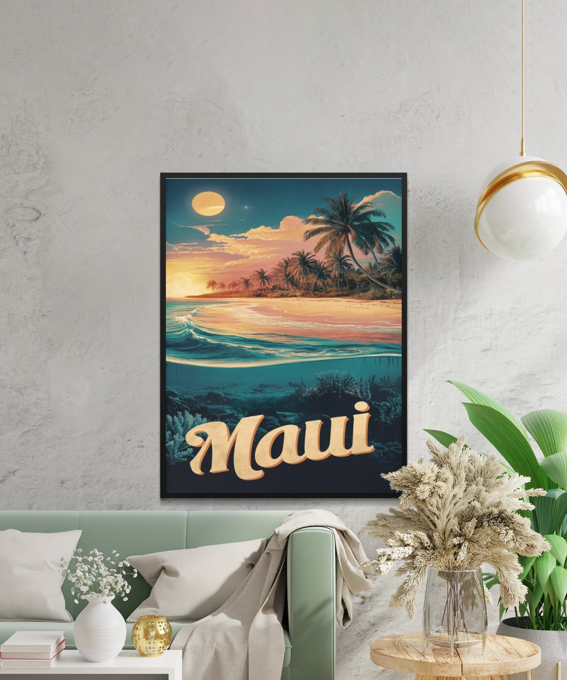 Maui Hawaii Sunset Beach Palms Coral Reef Vintage Retro Travel Poster - Image 2
