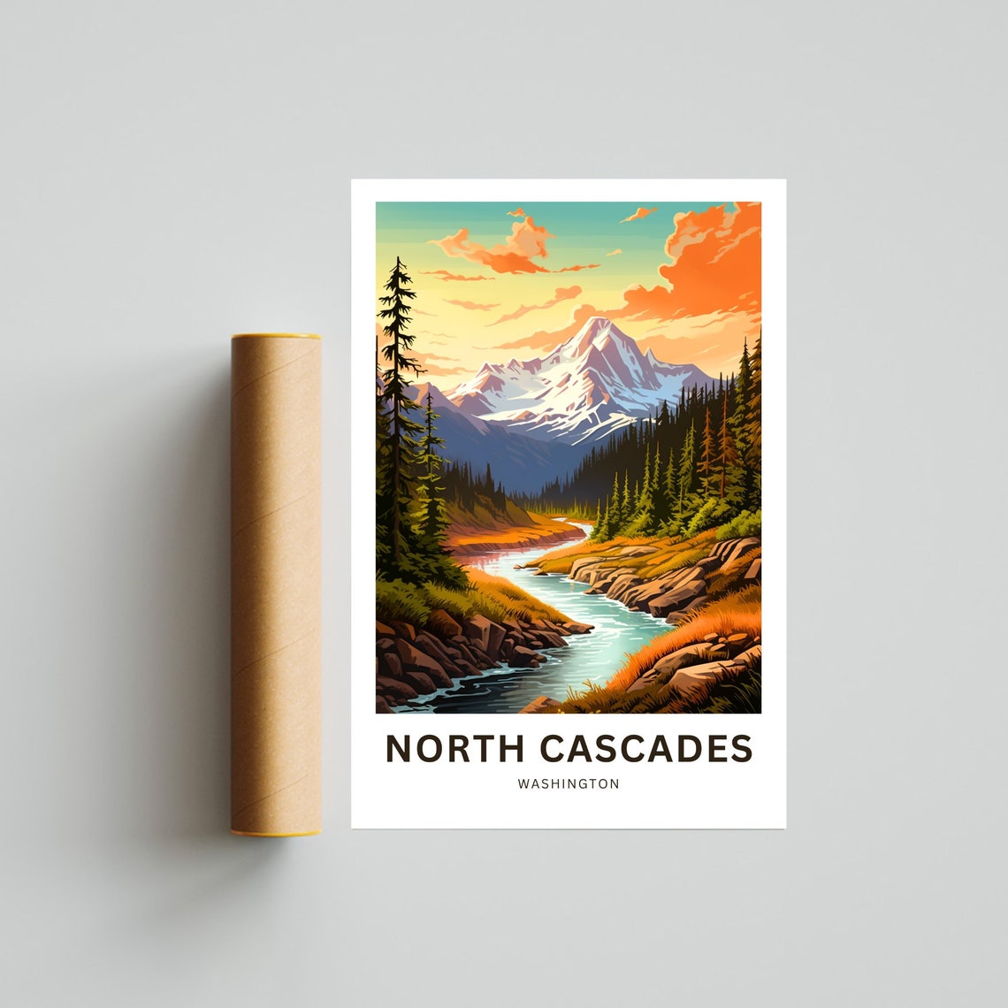 North Cascades Washington Sunset River Valley Retro Mountain Poster - Image 4