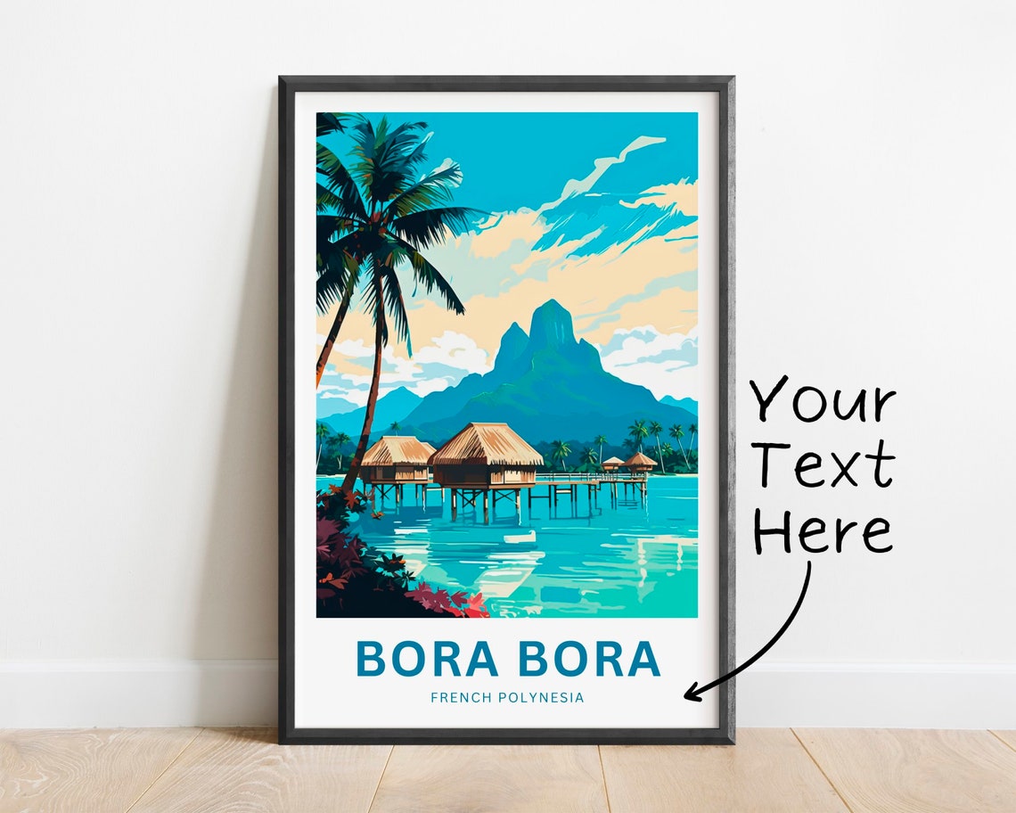 Personalized Bora Bora Custom Text Tropical Palm Overwater Hut Poster