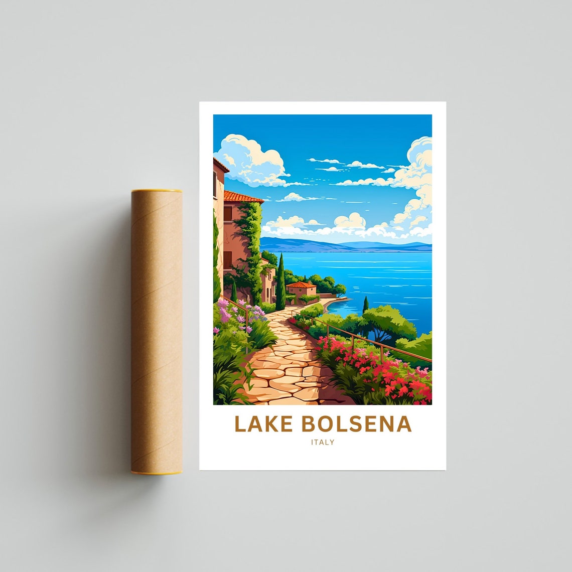 Lake Bolsena Italy Stone Path Villas and Cypress Travel Poster - Image 4
