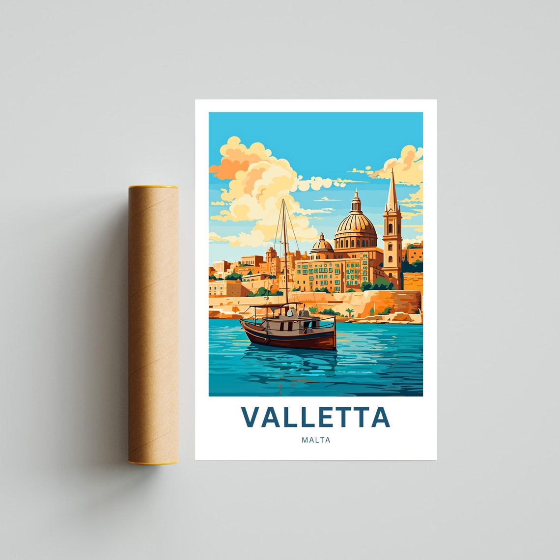 Valletta Malta Harbor Basilica Dome Boat Scene Travel Poster - Image 4