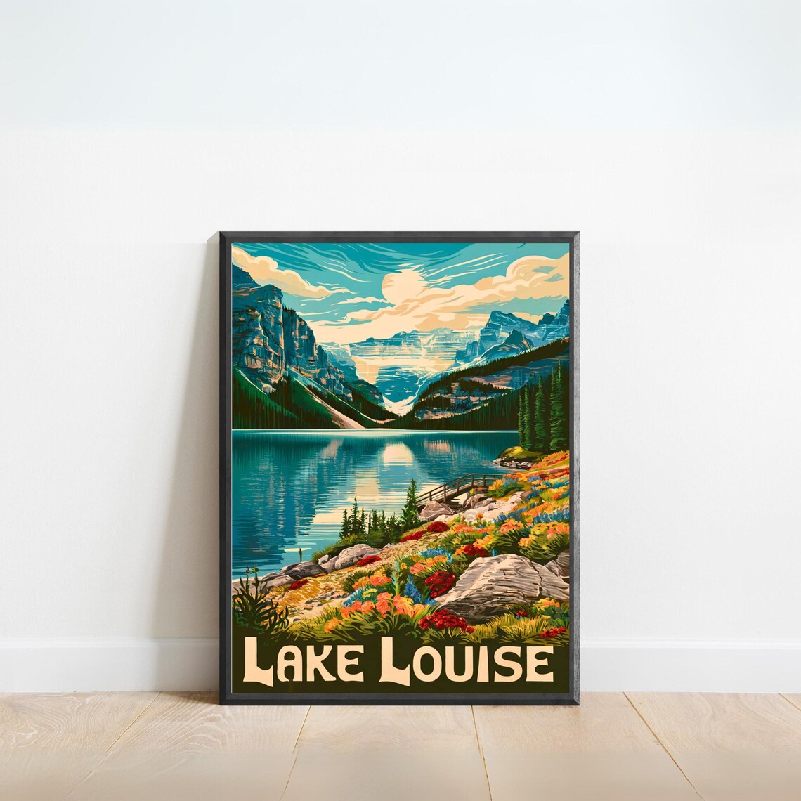 Lake Louise Wildflower Shoreline Alpine Lake Sunrise Vintage Poster