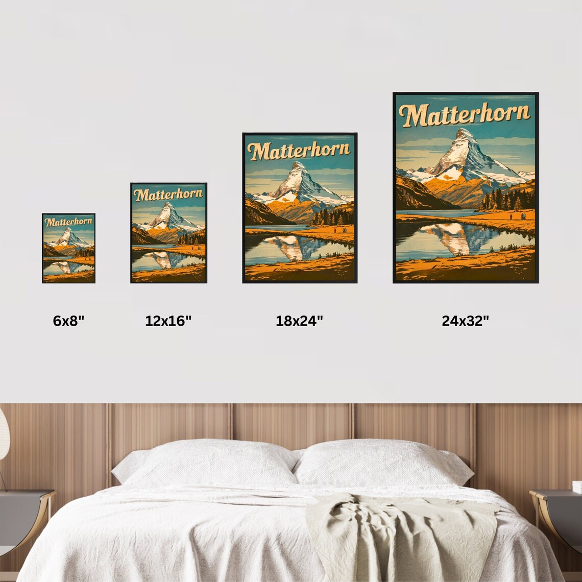 Matterhorn Hikers Golden Shoreline Lake Mirror Sunset Vintage Poster - Image 4
