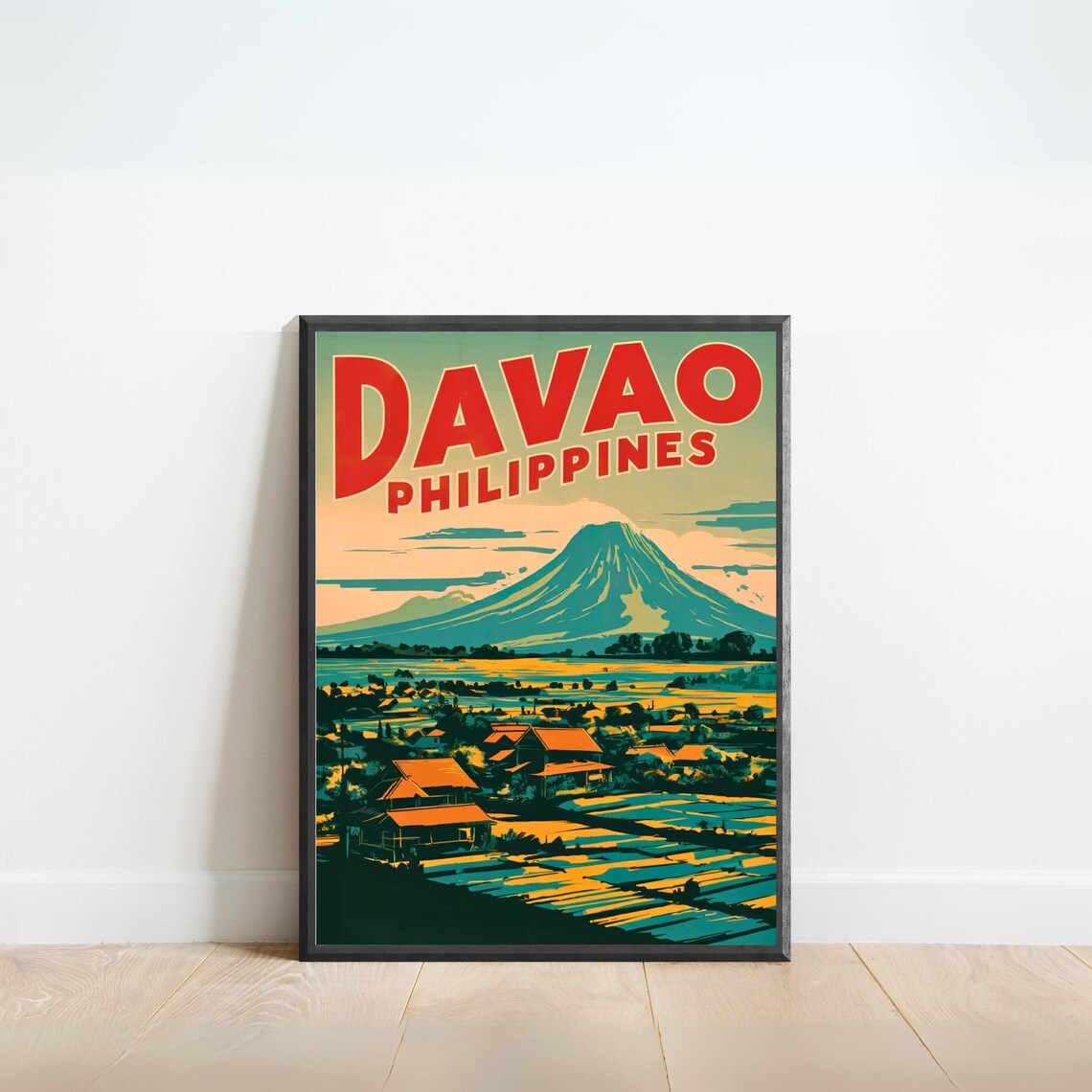 Davao Philippines Vintage Retro Volcano Rice Paddy Sunset Poster