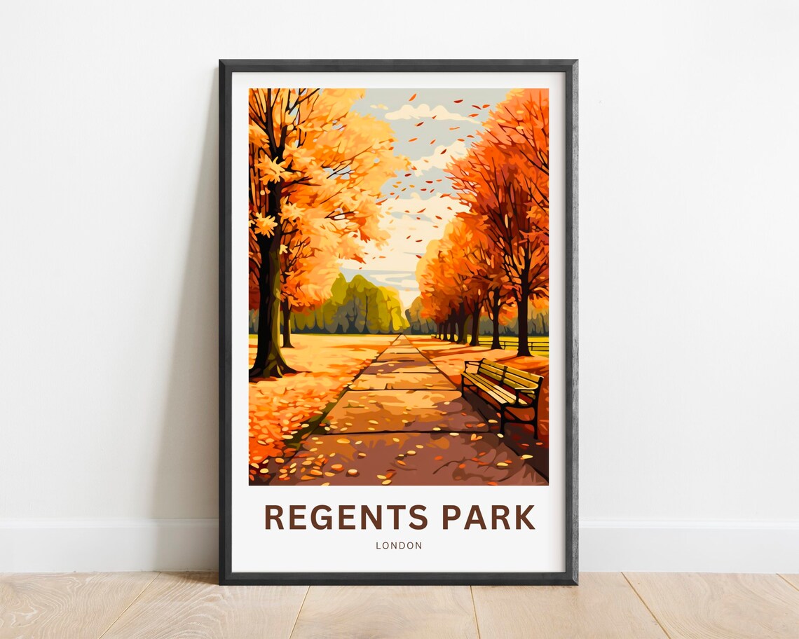 Regents Park London Autumn Bench Leaf Path Vintage Travel Poster