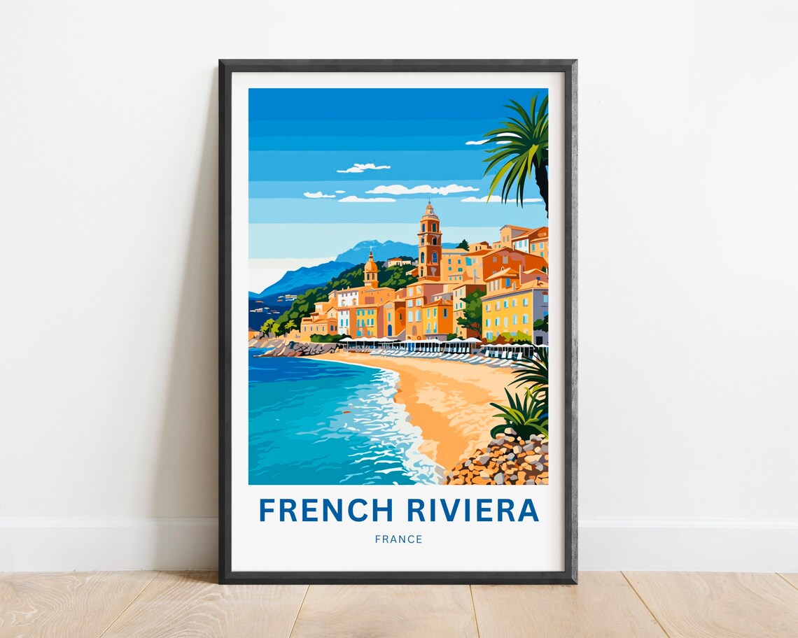 French Riviera France Travel Poster Sandy Beach Old Town Tower Art