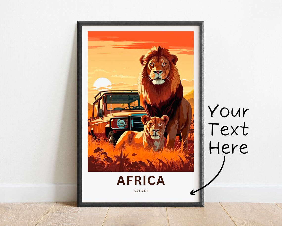 Africa Safari Lion Pair with Safari Vehicle Sunset Grass Poster