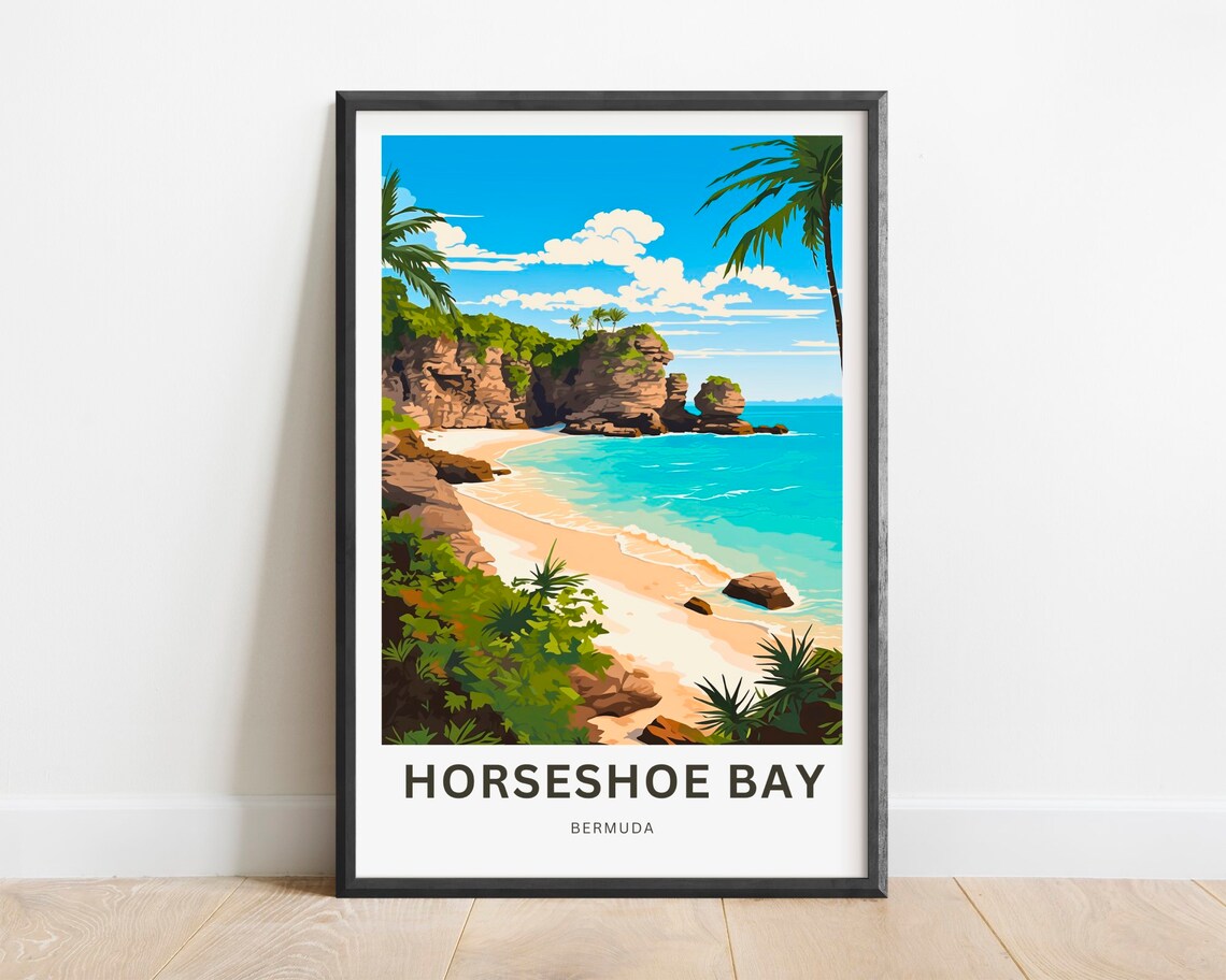Horseshoe Bay Bermuda Tropical Cove Lush Palm Day Travel Poster