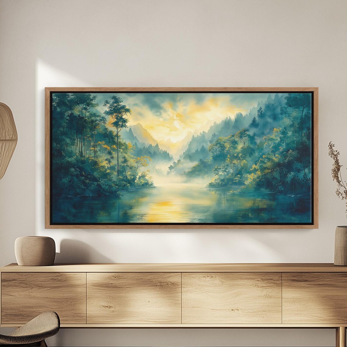 Sunrise Misty River Valley Forest Watercolor Landscape Poster