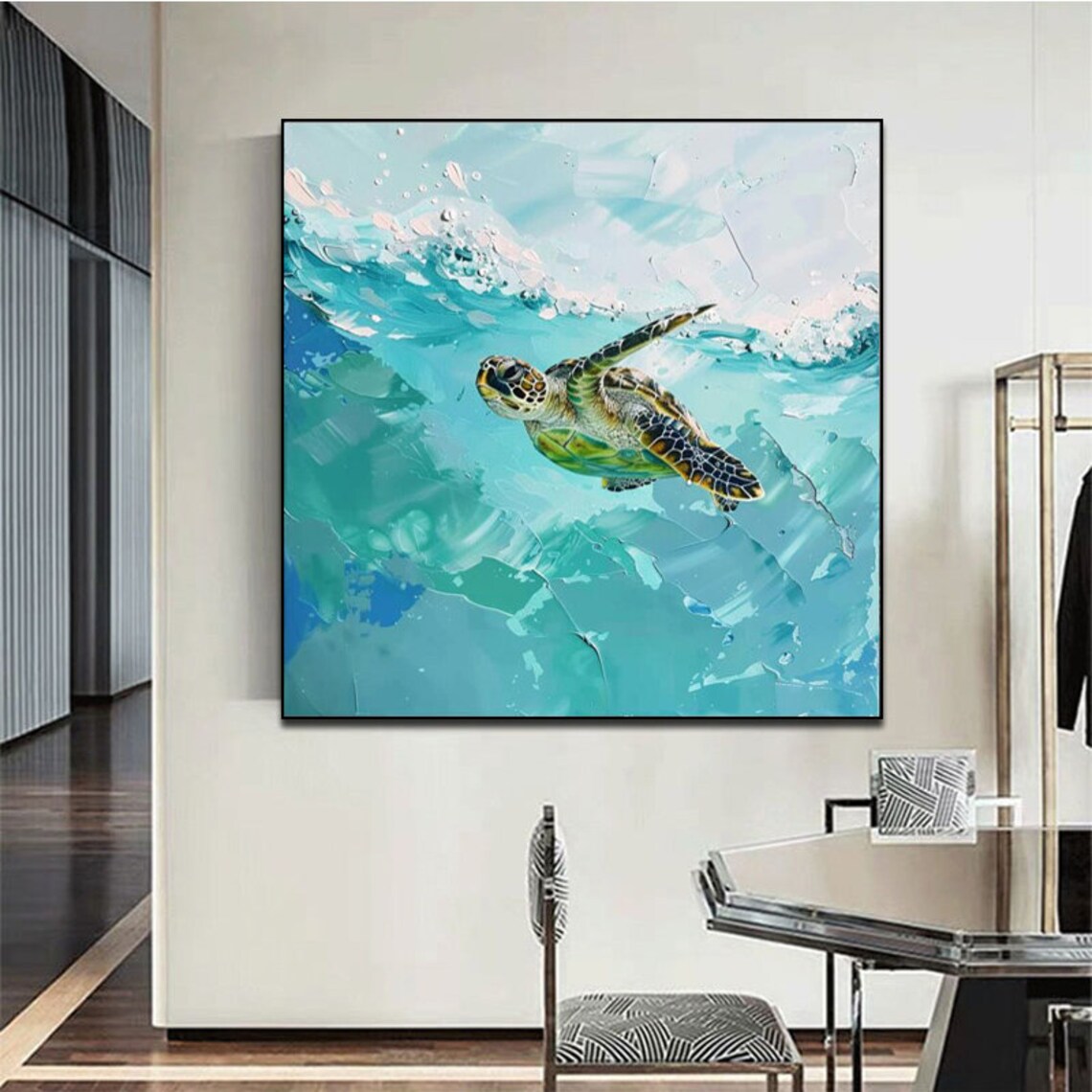 Sea Turtle Abstract Oil Painting, Bold Minimalist - Image 3