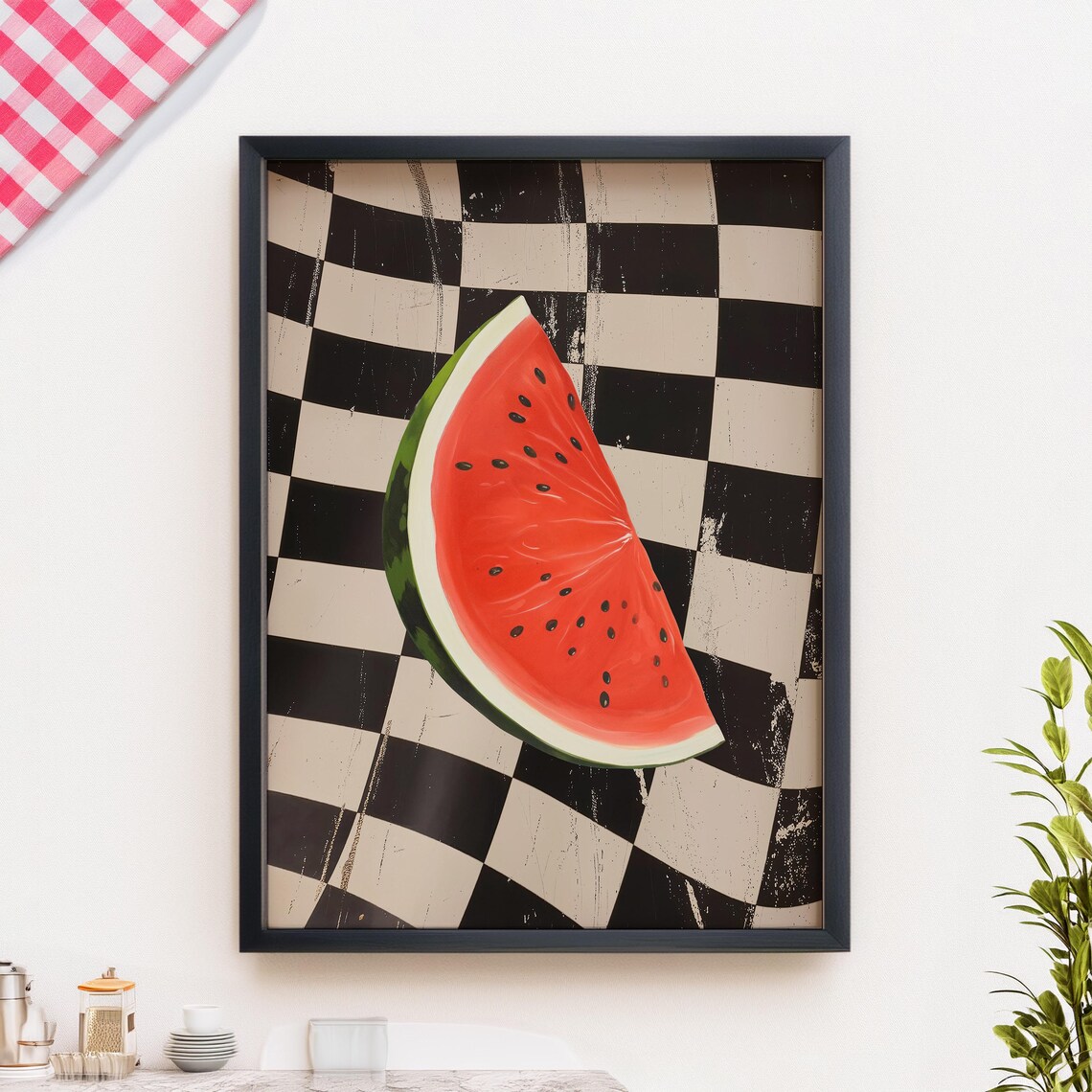 Retro Watermelon Kitchen Art Print Food Poster Vintage Fruit On Checkerboard Printed On Luxury Paper - Image 3