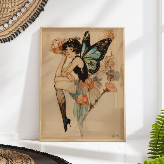 Fairy Butterfly Fashion Art Print Art Deco Fairy Wall Decor Whimsical Floral Illustration