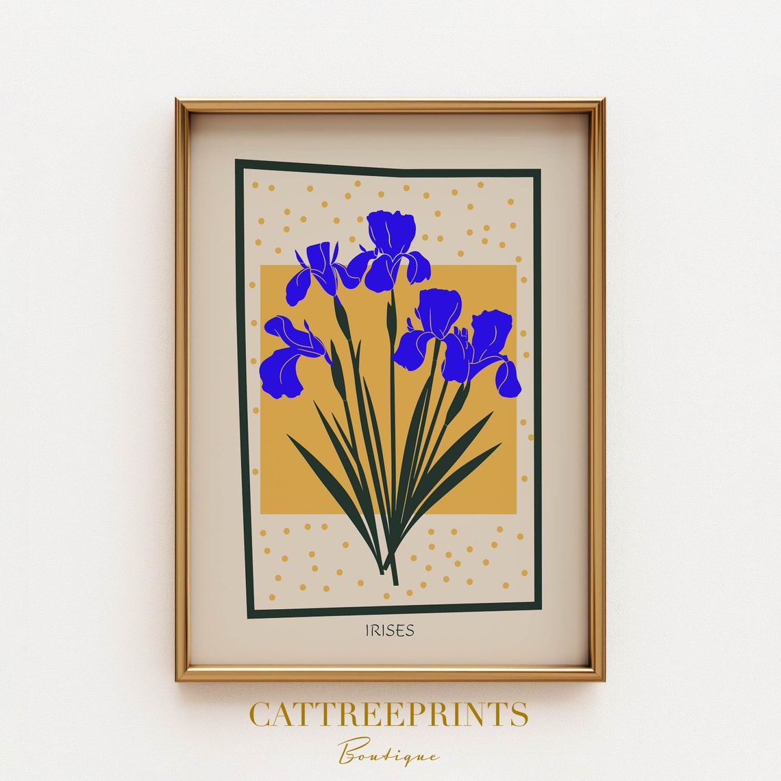 Blue Irises Mustard Background Modern Floral Botanical Poster - Image 3