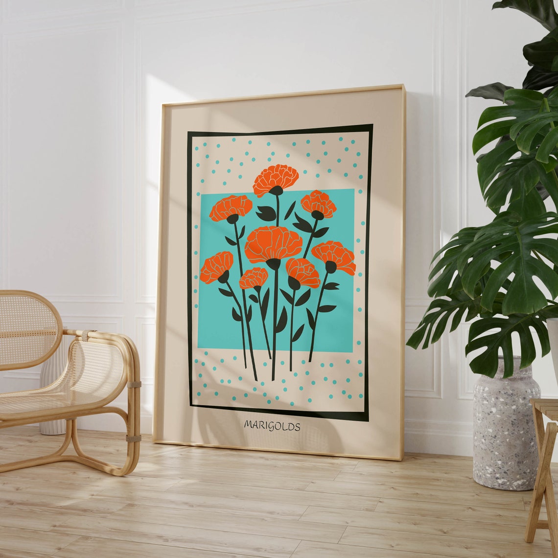 Orange Marigolds Turquoise Background Vibrant Botanical Poster
