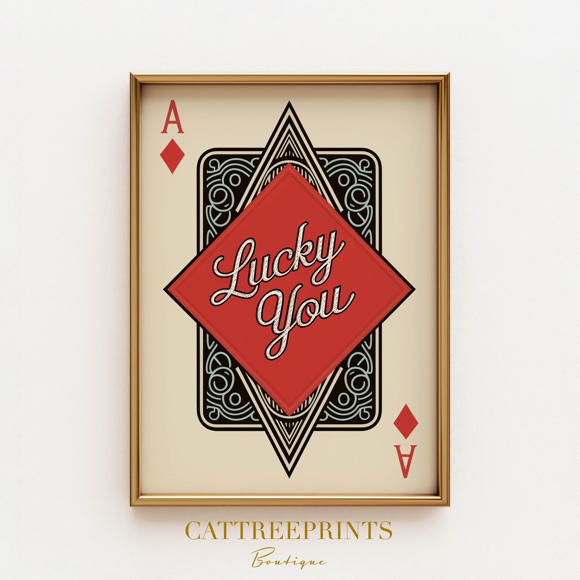 Lucky You Red Ace of Diamonds Ornate Vintage Casino Card Poster - Image 3