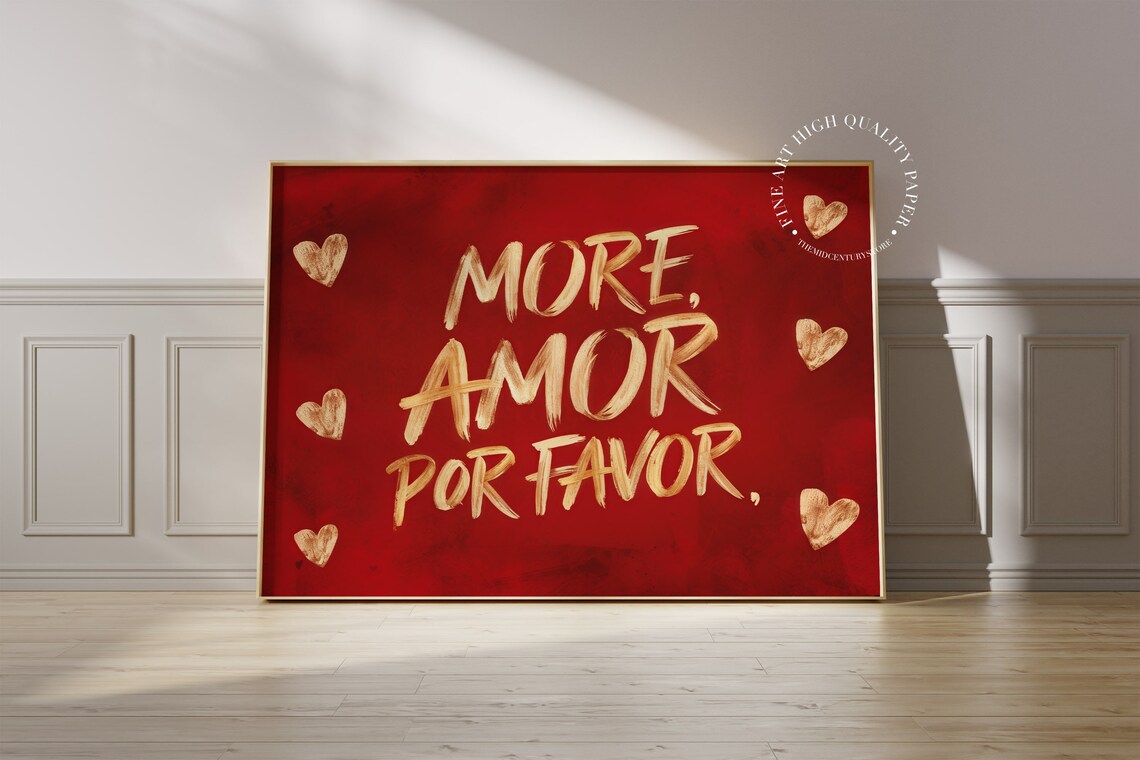 More Amor Por Favor Red and Gold Glossy Brush Love Quote Print - Image 3