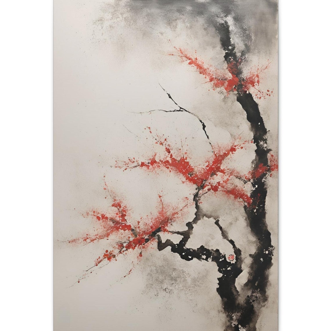 Japanese Ink Branch Red Blossoms Minimalist Dramatic Serene Art Poster