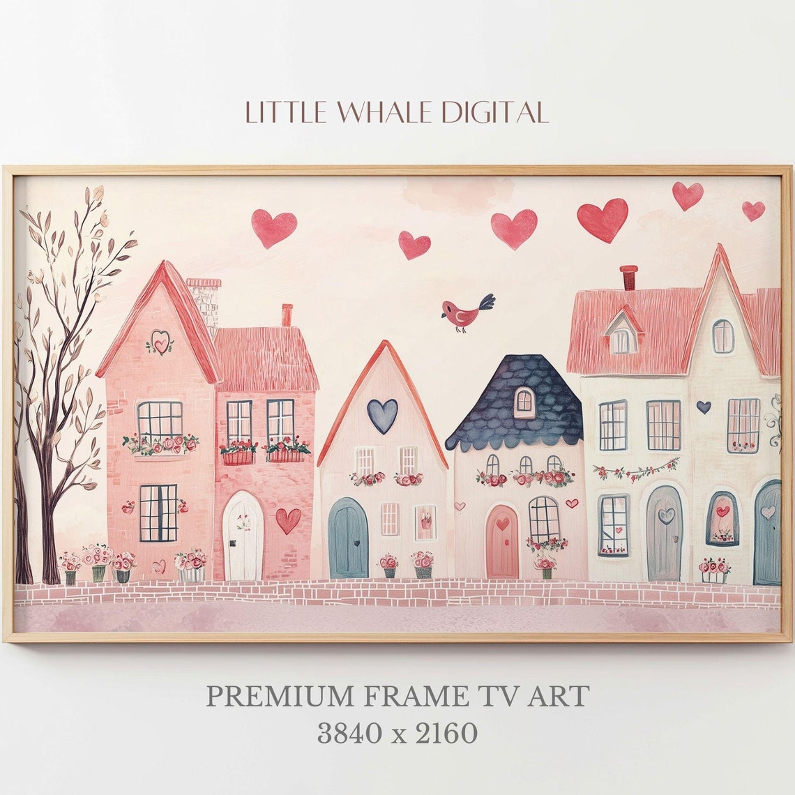 Charming Pink Valentine's Town Floating Hearts Flower Boxes Poster
