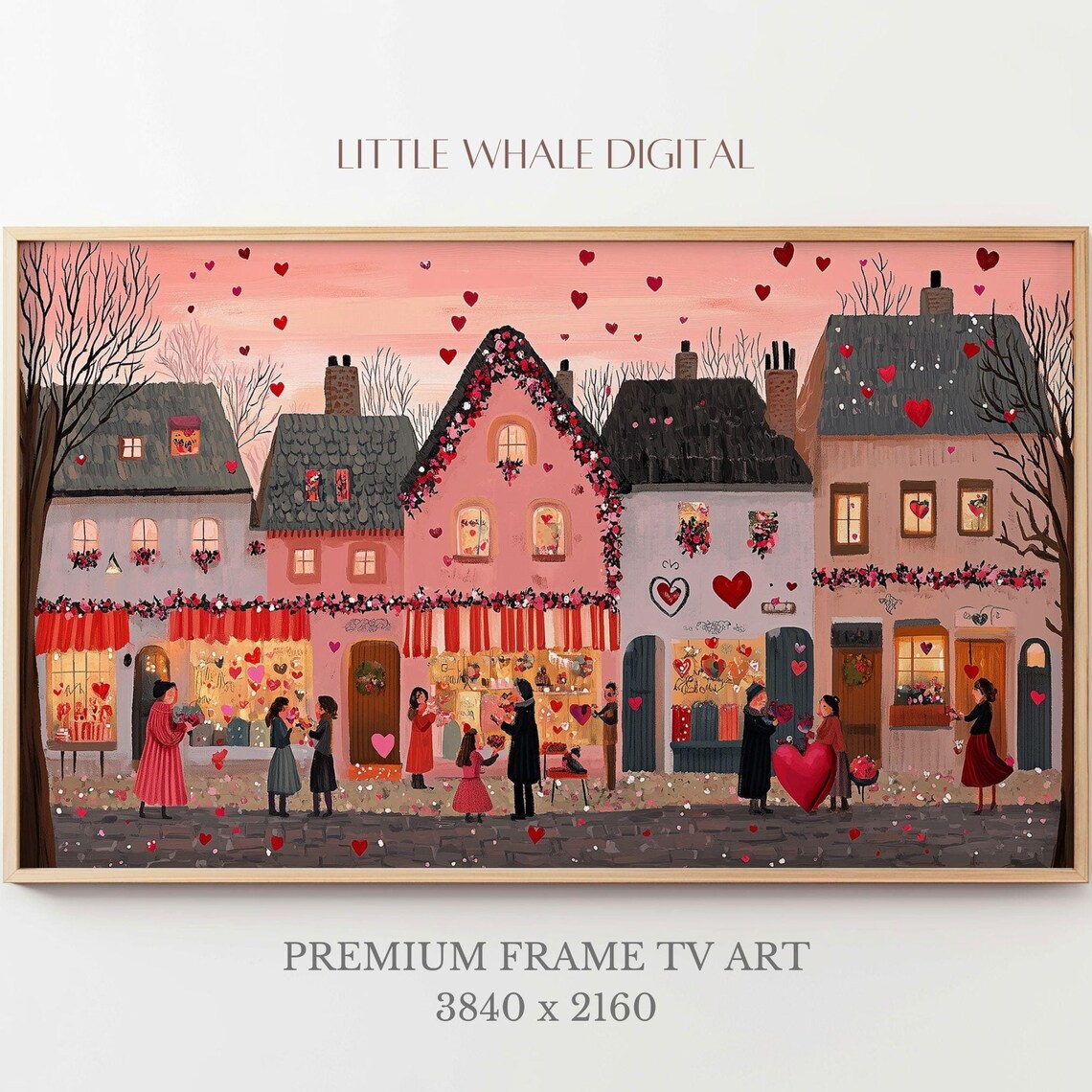 Valentine's Old Town Street Garland Decorated Houses Scene Poster
