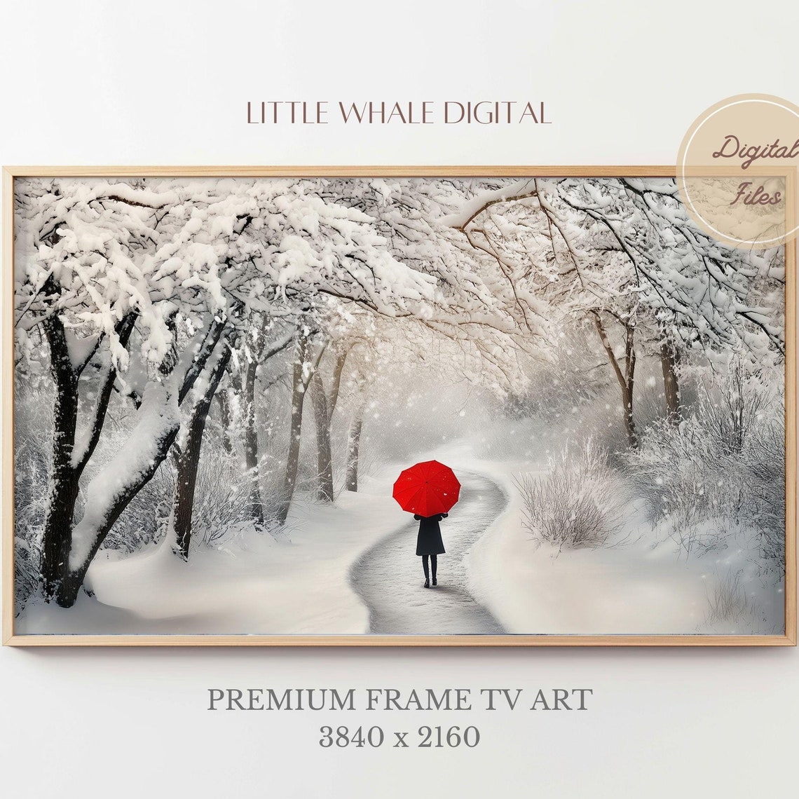 Snowy Winter Forest Path Figure With Red Umbrella Walking Poster
