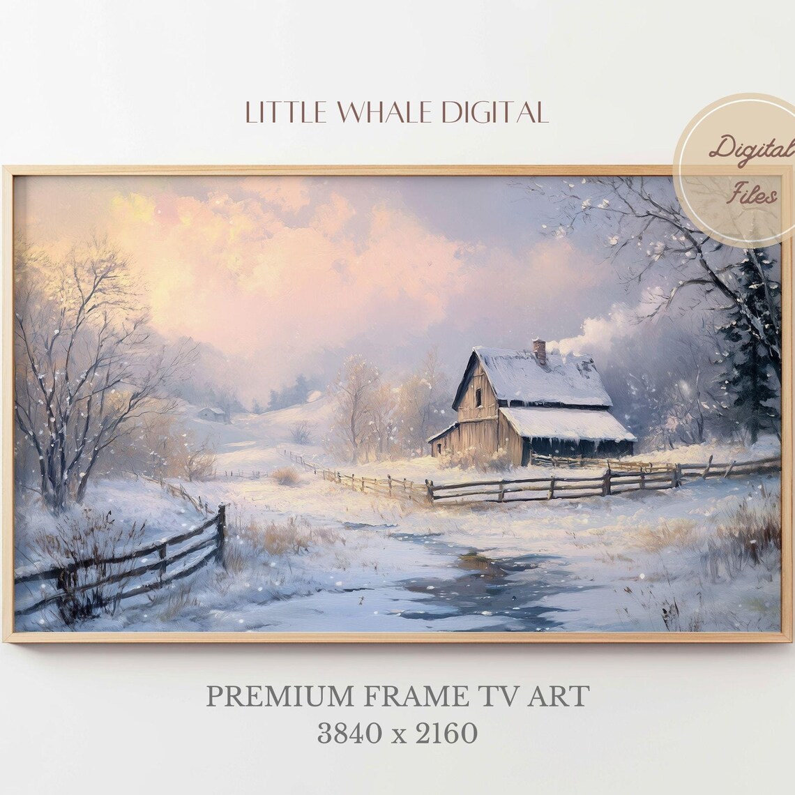 Snow Covered Farmhouse With Wooden Fence Peaceful Winter Poster - Image 3