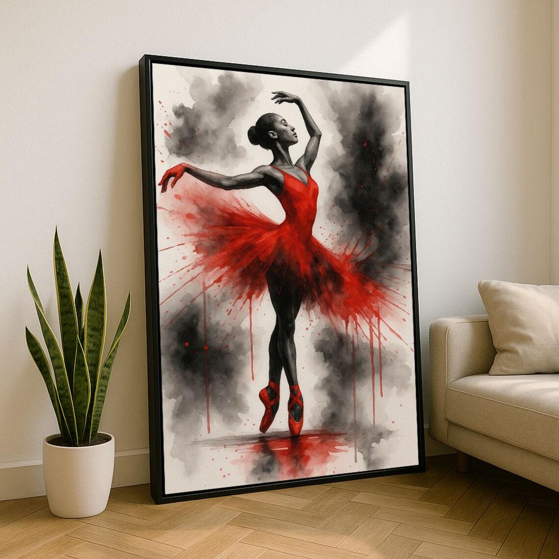 Black Ballerina Red Tutu Watercolor Splash Dance Painting Poster