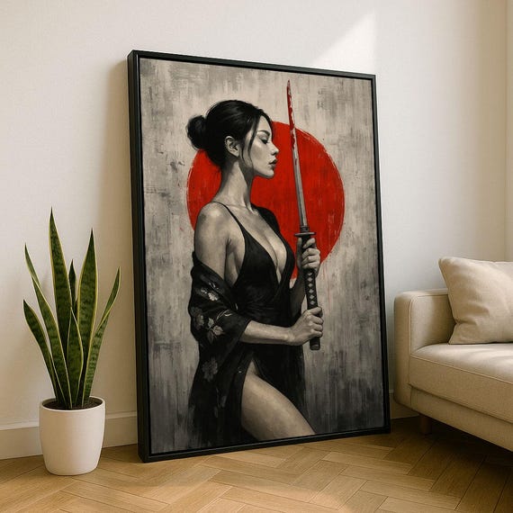 Elegant Japanese Samurai Woman Canvas Wall Art Print Bold Living Room Decor Statement Piece