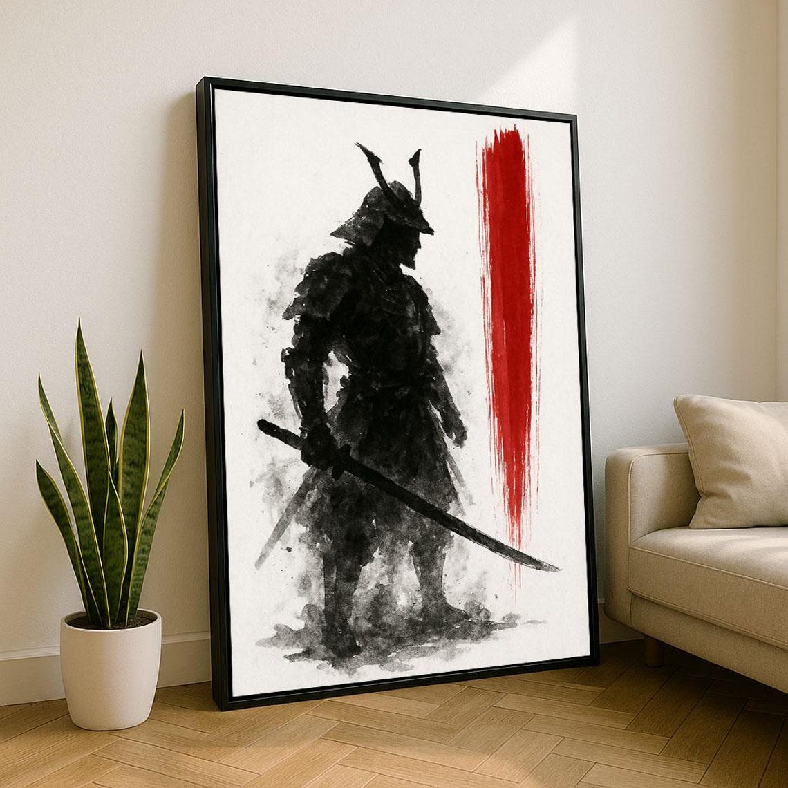Japanese Samurai Warrior Ink Brush Painting Red and Black Poster