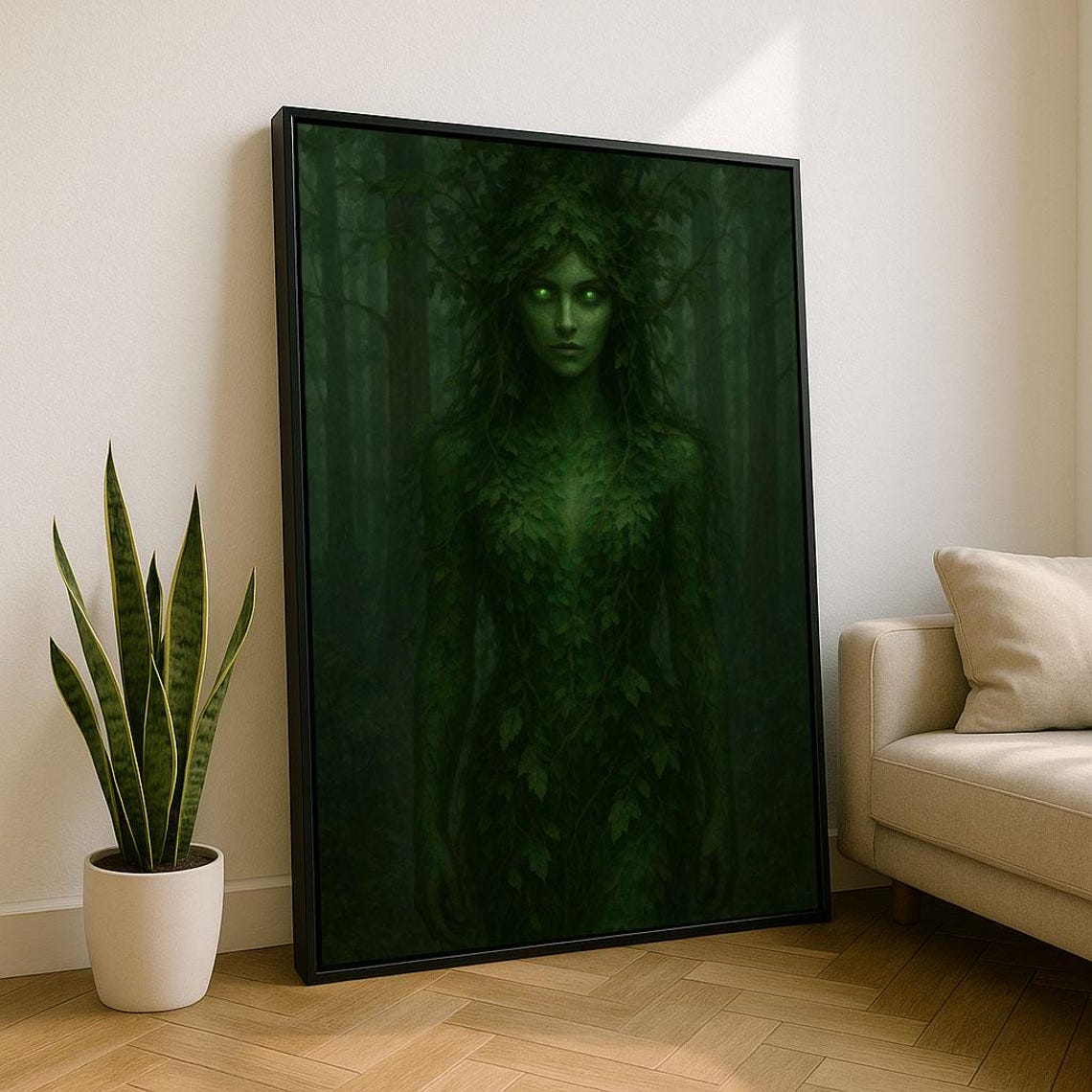 Green Forest Nymph Glowing Eyes Dark Woodland Fantasy Poster