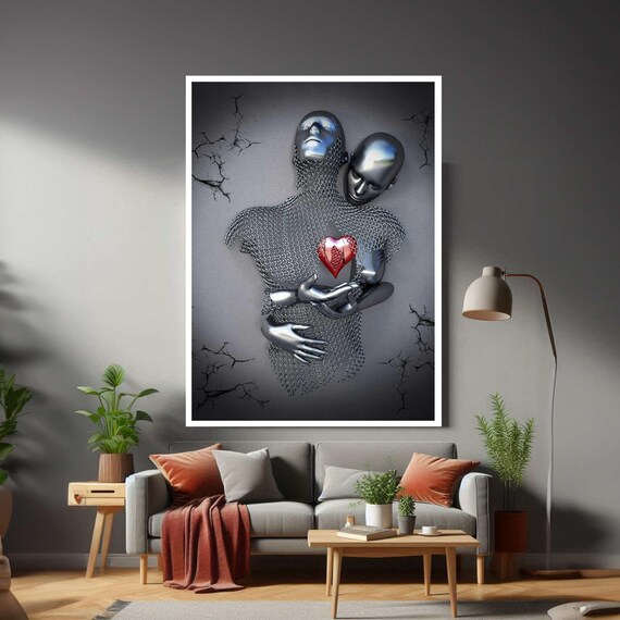 Two Metallic Figures Embracing Holding a Red Heart Love Art Poster